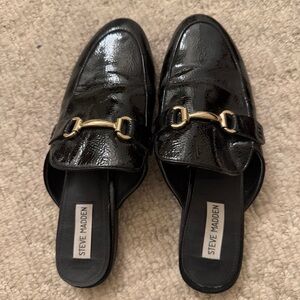 Steve Madden Glossy Black Mules with Gold Accent